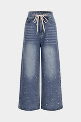 Denim Drawstring Beads Decor High Waist Wide Leg Jeans