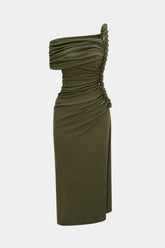 Asymmetrical Shoulder Ruched Twist Knot Sleeveless Maxi Dress