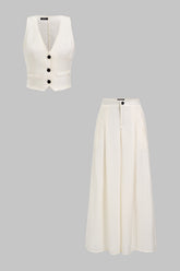 Button V-Neck Vest And Wide-Leg Pants Set