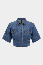 Denim Lapel Button Short Sleeve Cropped Shirt