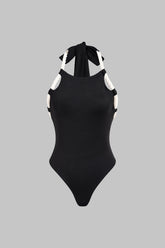 Contrast Halter Neck Twist Knot Backless Tie-Up Sleeveless Bodysuit