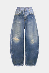 Contrast Denim Print Pocket Barrel Pants