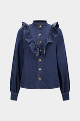 Denim Ruffle Button Long Sleeve Shirt