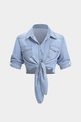 Denim Lapel Knotted Short Sleeve Shirt