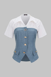 Contrast Irregular Button Lapel Short Sleeve Top