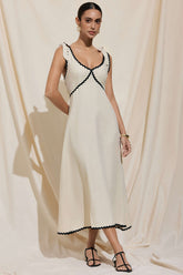 Contrast Binding Tie-Up Backless Sleeveless Midi Dress