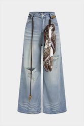 Denim High Waist Asymmetrical Belted Wide Leg Jeans