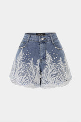 Denim Patchwork Lace Trim Wide Leg Shorts