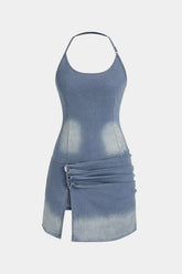 Denim Halter Round Neck Backless Ruched Slit Mini Dress