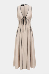 Contrast Binding V-Neck Tie-Up Sleeveless Maxi Dress