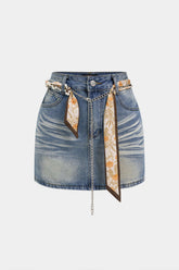 Denim Chain Belted High Waist Skirt