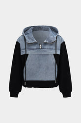 Denim Patchwork Long-Sleeve Hoodie