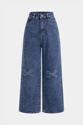 Denim Bow Rhinestone Straight Leg Jeans
