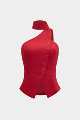 Button Halter Neck Backless Tank Top
