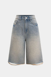 Denim Straight Leg Ripped Frayed Jorts