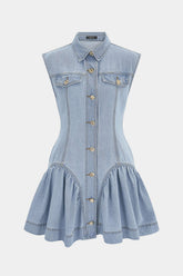 Denim Lapel Button Ruffle Sleeveless Mini Dress