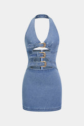 Denim Halter V-Neck Cut Out Buckle Backless Sleeveless Dress