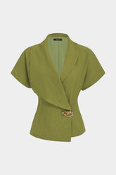 Asymmetrical Lapel Metallic Button Short-Sleeve Shirt