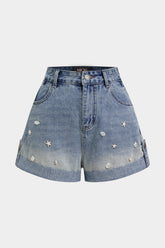 Denim Shell Starfish Decor High Waist Wide Leg Shorts