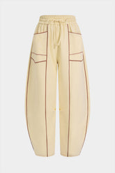 Contrast Shirred Waistband Drawstring Wide Leg Pants