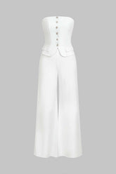 Button Strapless Sleeveless Wide Leg Jumpsuit
