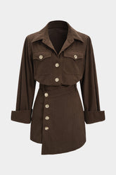 Corduroy Button Long-Sleeve Shirt And Button Skirt Set