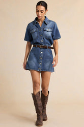 Denim Button Pocket Belted Short Sleeve Mini Dress