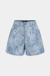 Denim Patchwork Lace Metallic Button Pocket Shorts