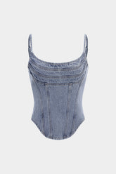 Denim Round Neck Seamdetail Zipper Top