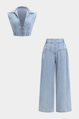 Denim V-Neck Zipper Tank Top And Jeans Set