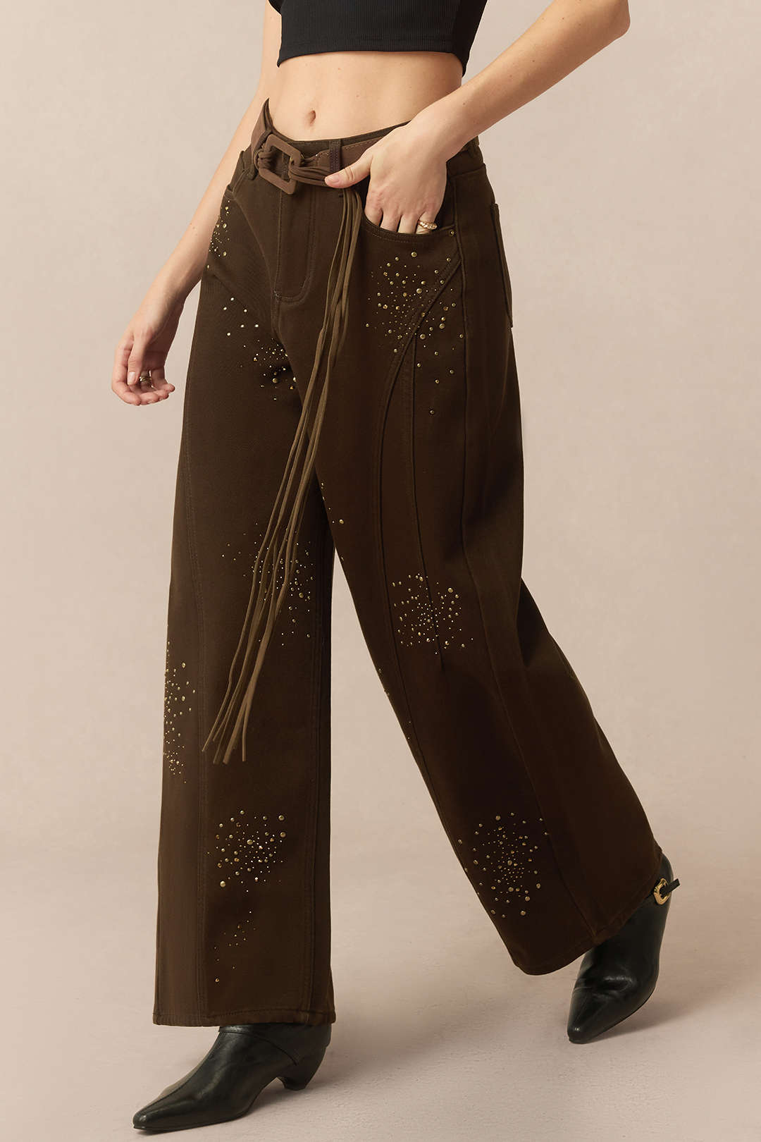 Denim Rhinestone Cecor Blted Wide Leg Jeans