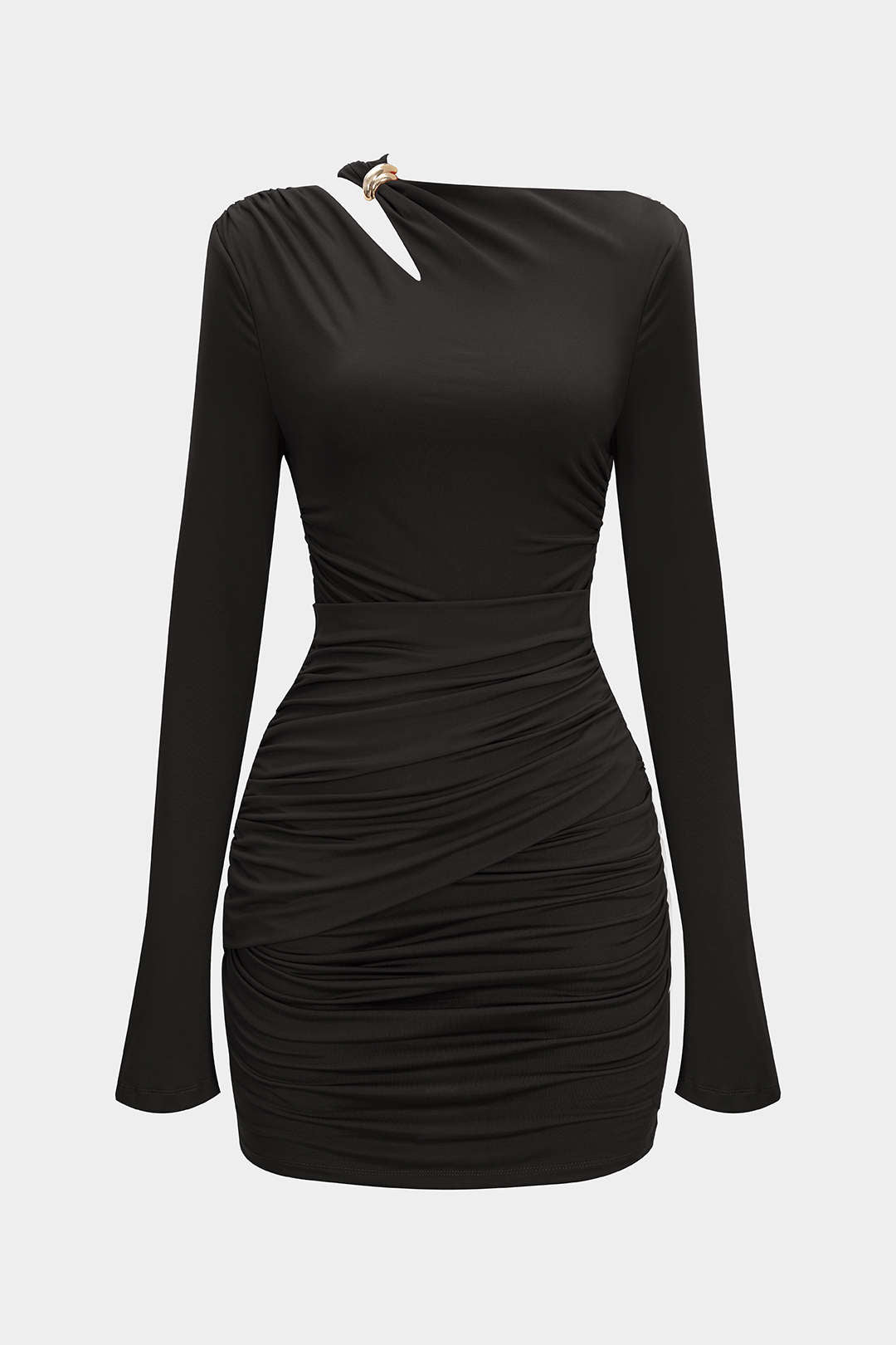 Asymmetrical Neck Ruched Long Sleeve Mini Dress