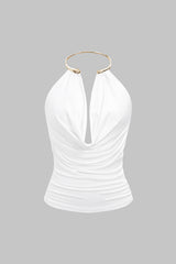 Draped Cowl Halter Neck Metallic Backless Tank Top