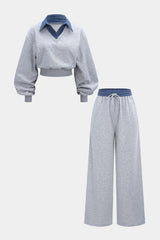 Contrast Patchwork Long-Sleeve Top And Shirred Waistband Drawstring Trousers Set