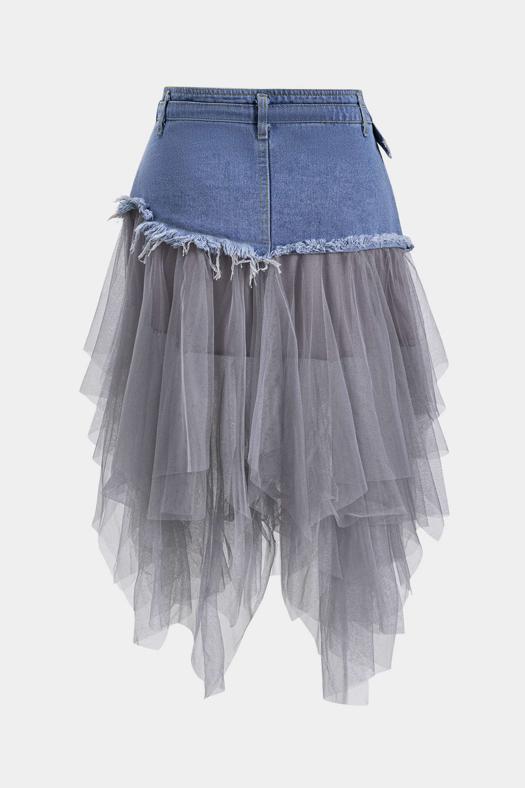Denim Mesh Patchwork Belted Button Pocket Skirt