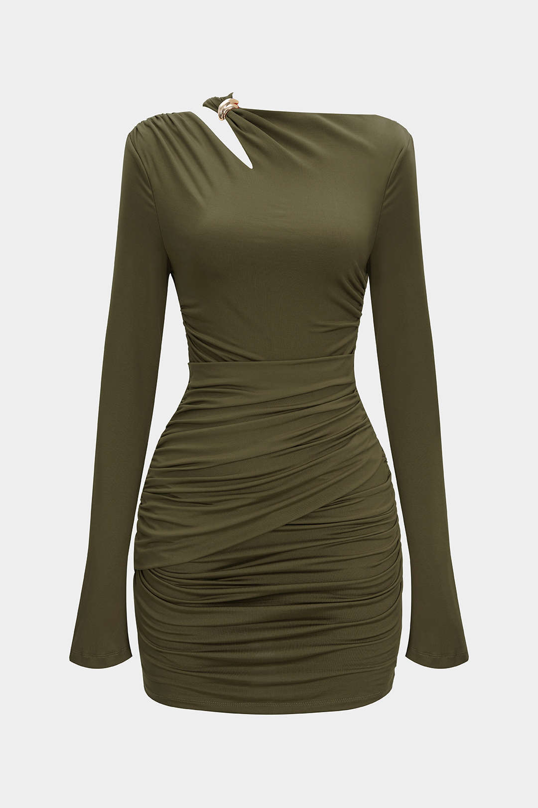 Asymmetrical Neck Ruched Long Sleeve Mini Dress