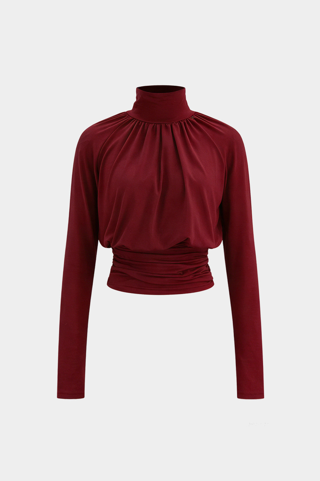 Basic Faux Leather High Collar Wrinkled Long Sleeve T-Shirt