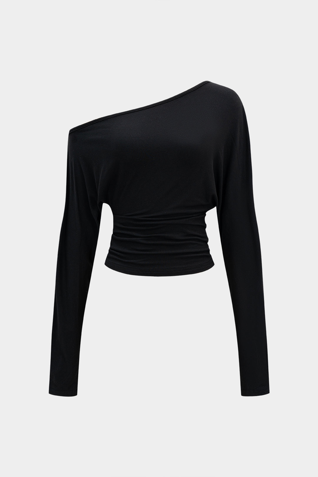 Cut Out Asymmetrical Neck Ruched Long-Sleeve Top