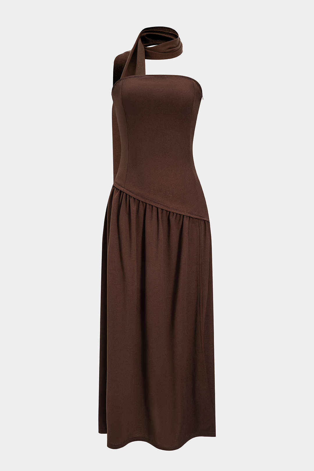 Contrast Satin Ruched Slit Strapless Maxi Dress