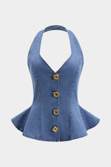 Denim Ruched Button Backless Crop Top