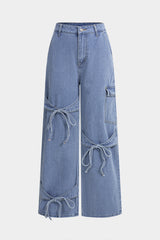 Denim Bow Tie-Up Straight Leg Jeans