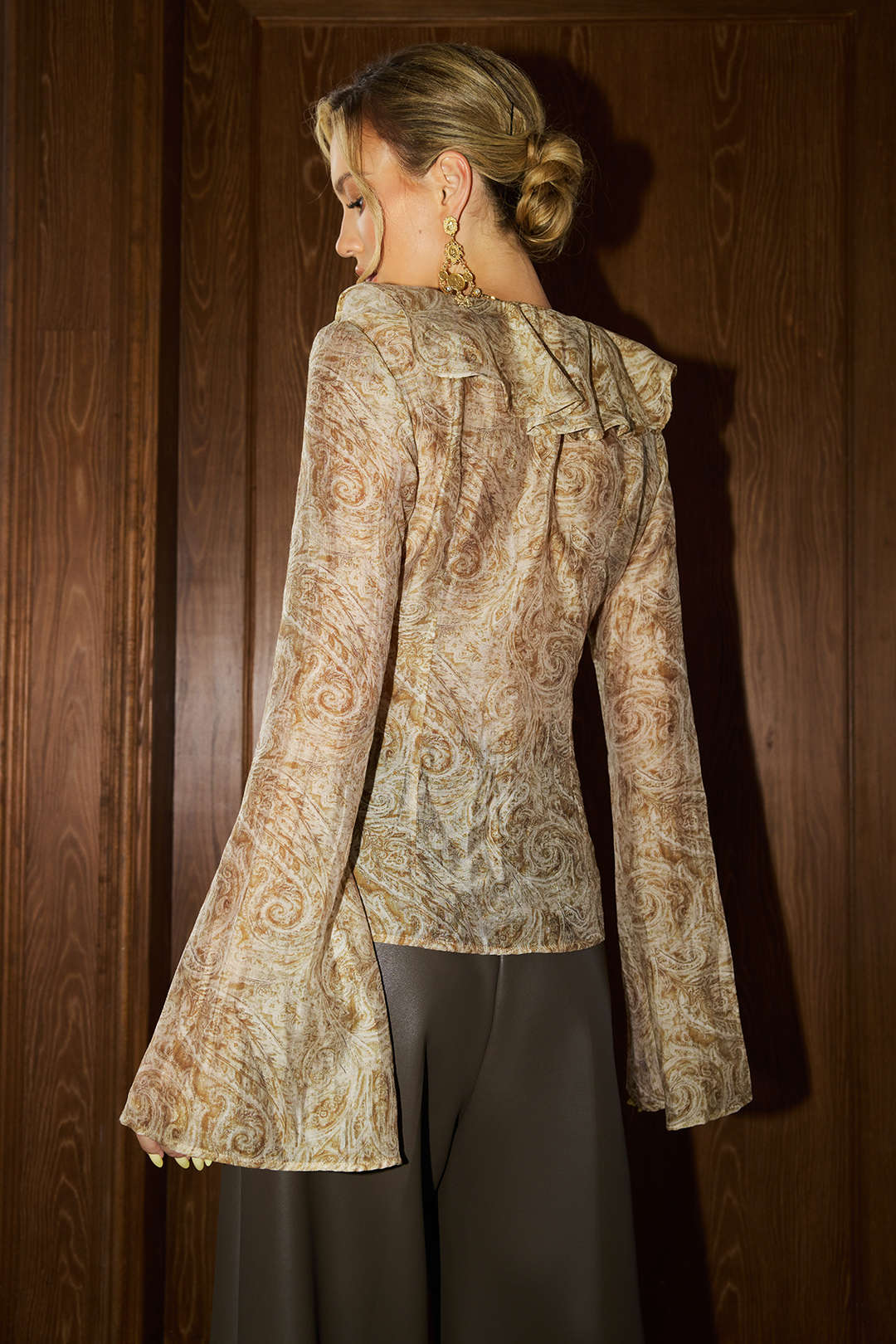 Abstract Print Ruffle Neck Long-Sleeve Shirt