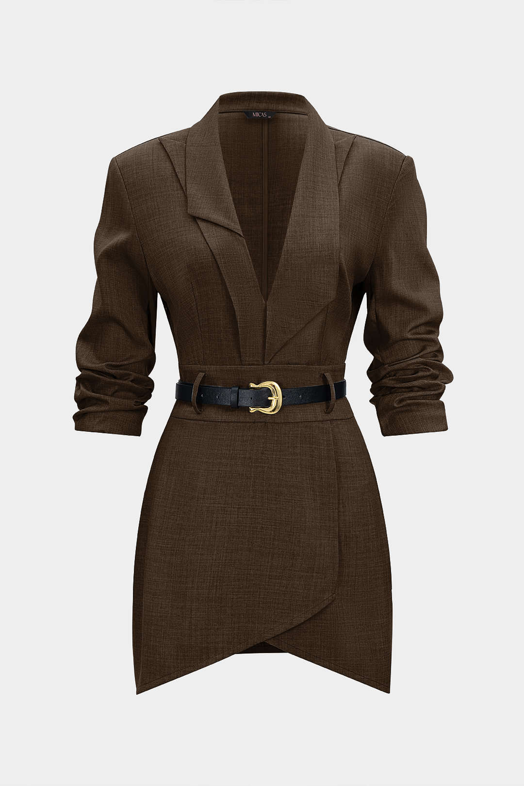 Asymmetrical Notched Lapel Belted Long Sleeve Mini Dress