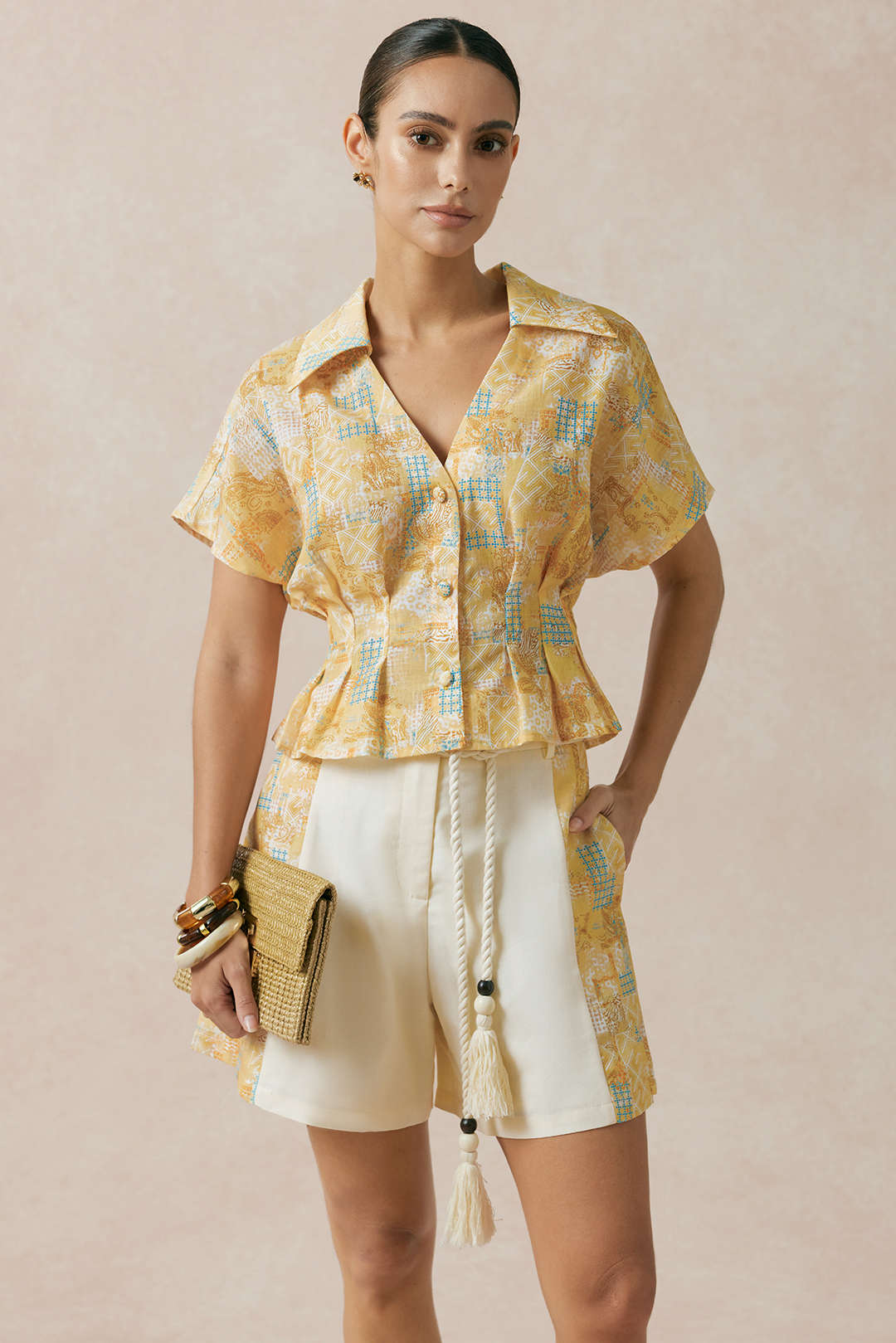 Artistic Print V-Neck Ruched Short Sleeve Top