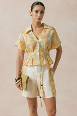Artistic Print V-Neck Ruched Short Sleeve Top