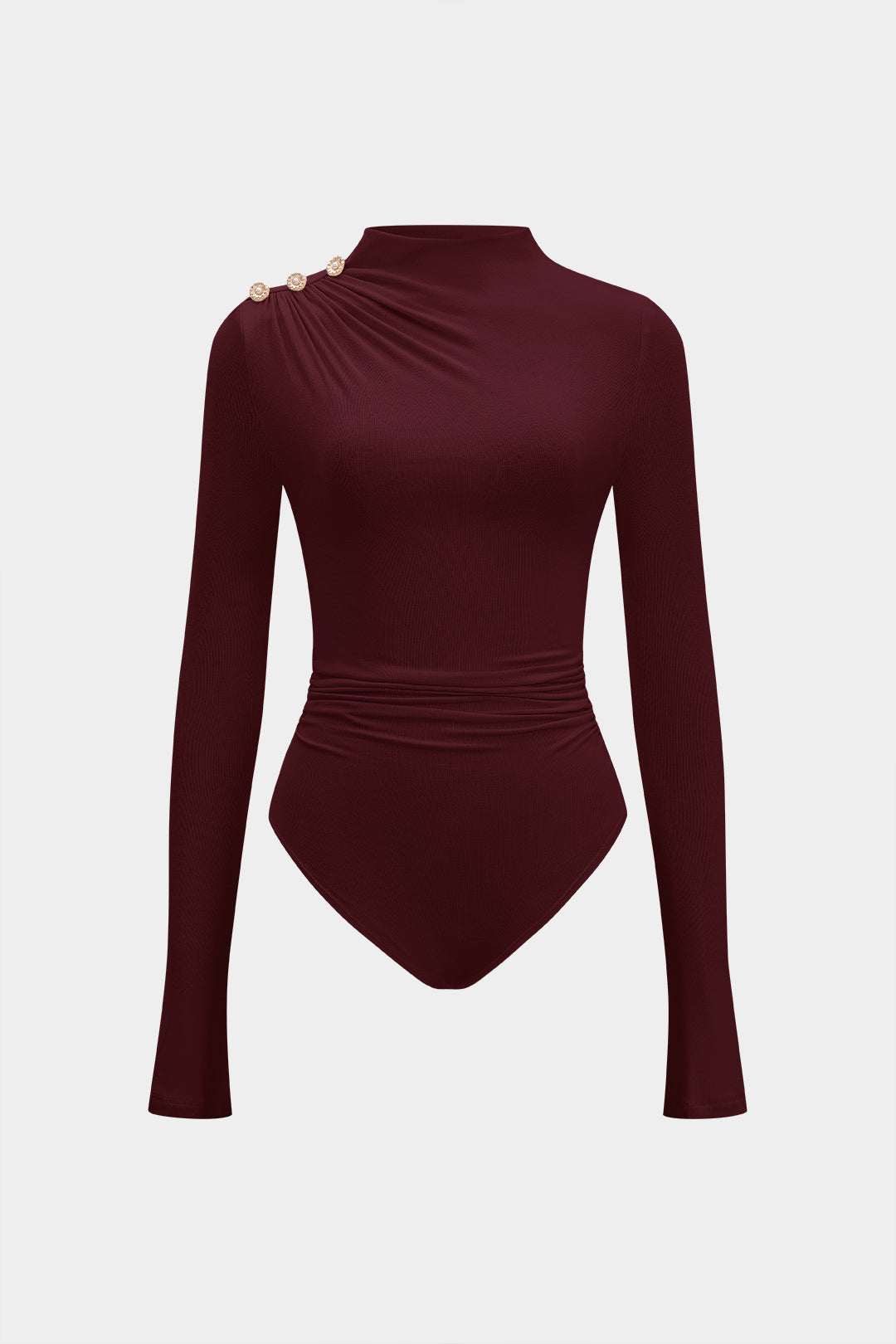 Asymmetrical Button Ruched Long Sleeve Bodysuit