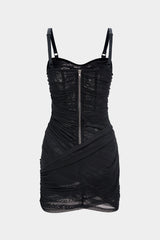 Asymmetrical Ruched Mesh Sleeveless Mini Dress