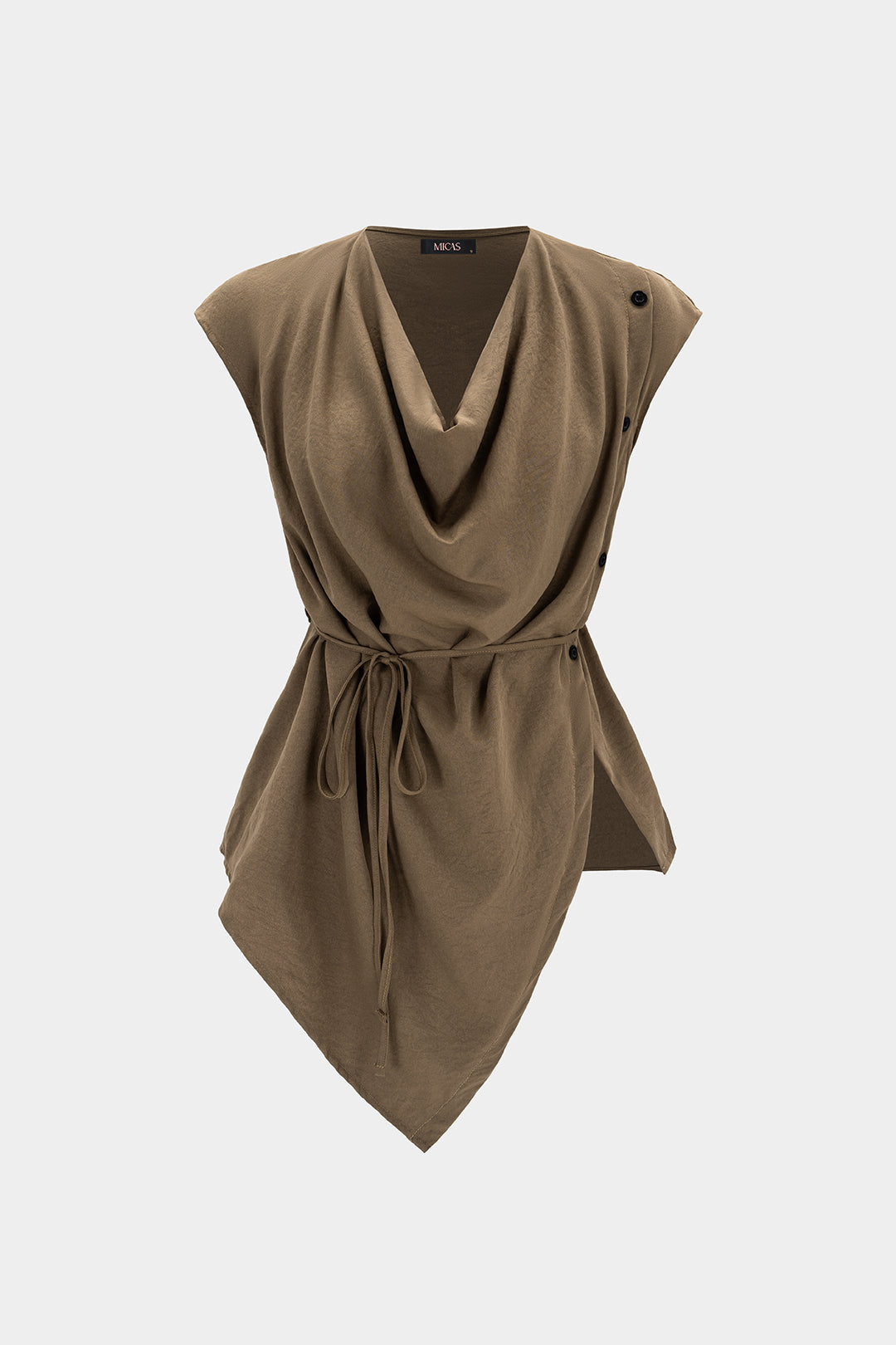 Draped Cowl Neck Asymmetrical Tie-Up Shirt