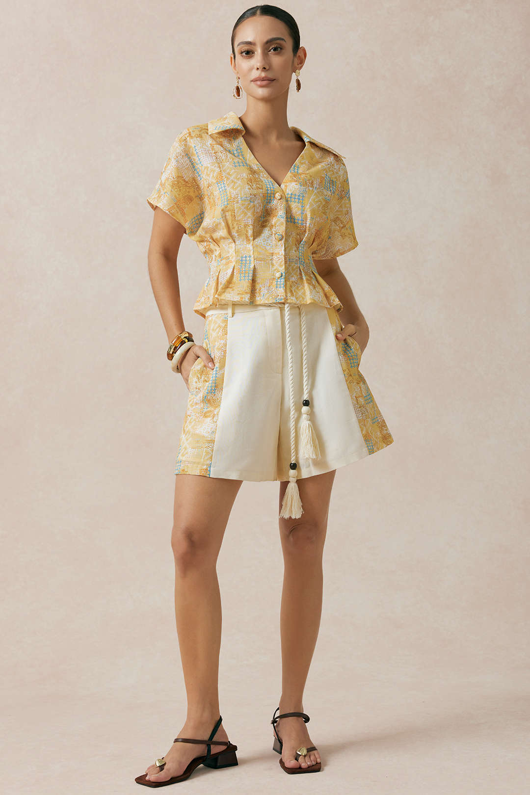 Artistic Print V-Neck Ruched Short Sleeve Top