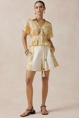 Artistic Print V-Neck Ruched Short Sleeve Top